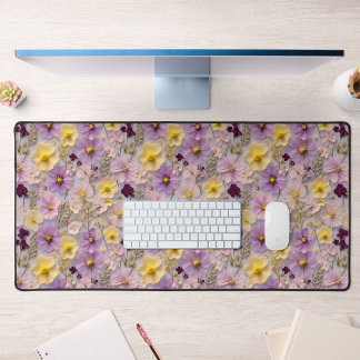 Pressed Flower Pattern Pastel Wildflower Design Desk Mat