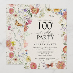 Pressed Flowers 100th Birthday Party Elegant Pink Invitation