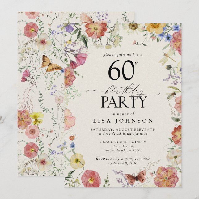 Pressed Flowers 60th Birthday Party Elegant Pink Invitation (Front/Back)