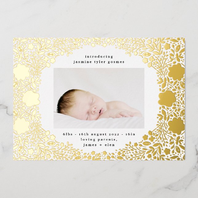 Pressed Gold Foil Florals Baby Birth Announcement (Front)
