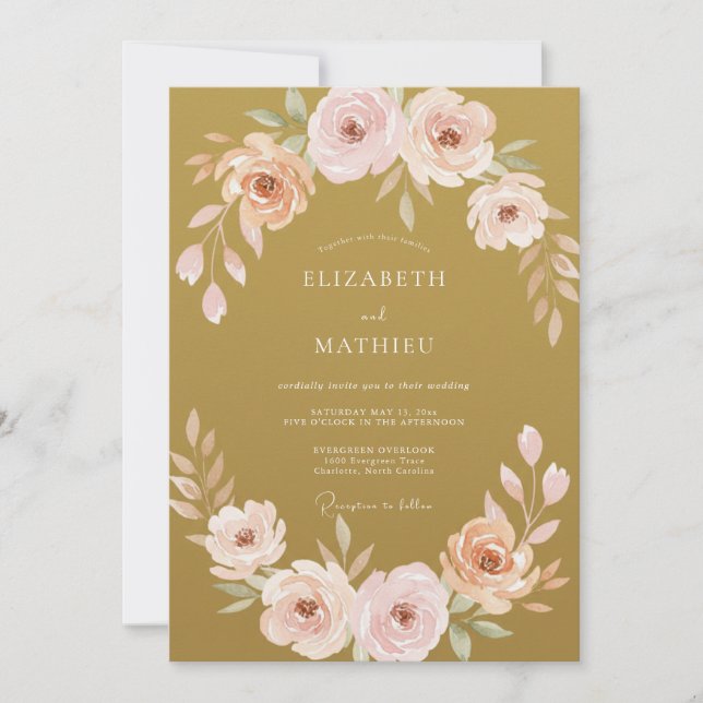 Pressed Ochre Painted Peony Wedding Invitation (Front)