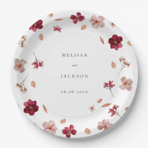 Pressed Red Pink and Cream, floral Wedding design Paper Plate