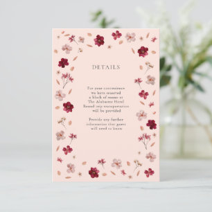 Pressed Red Pink and Cream, floral Wedding Details Enclosure Card