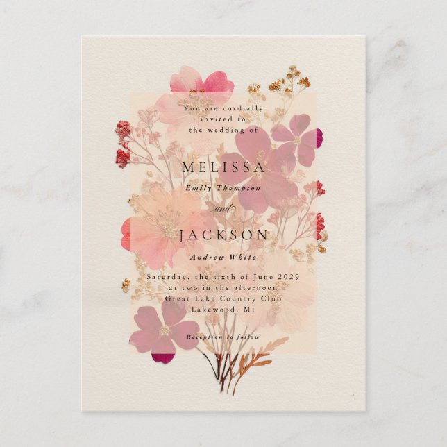 Pressed Red Pink and Cream, floral Wedding Invitat Postcard (Front)