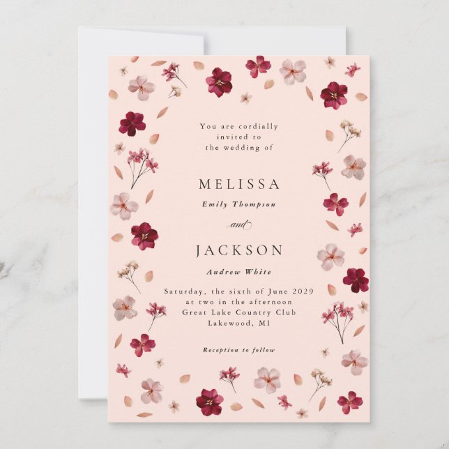 Pressed Red Pink and Cream, floral Wedding Invitation (Front)