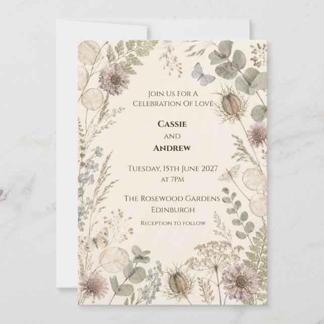 Pressed Wildflower Butterfly Botanical Wedding Invitation (Front)