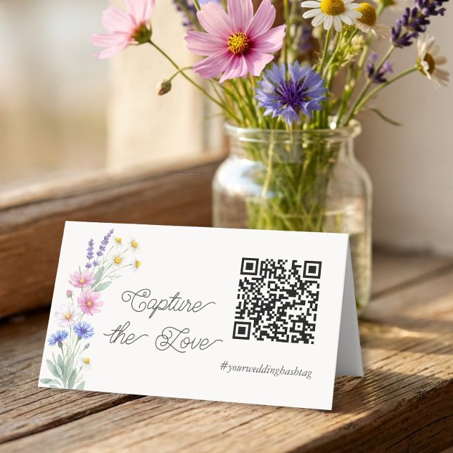 Pressed Wildflower Capture The Love QR Code Place Card (Photo sharing qr code tent card - Pressed Spring Meadow Wildflower Wedding Set by Darling & May)