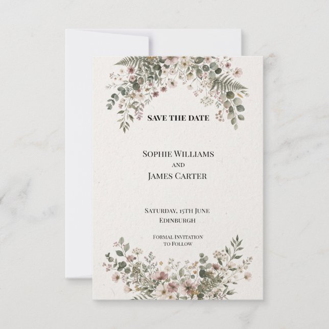 Pressed Wildflower Eucalyptus Wedding Save The Date (Front)