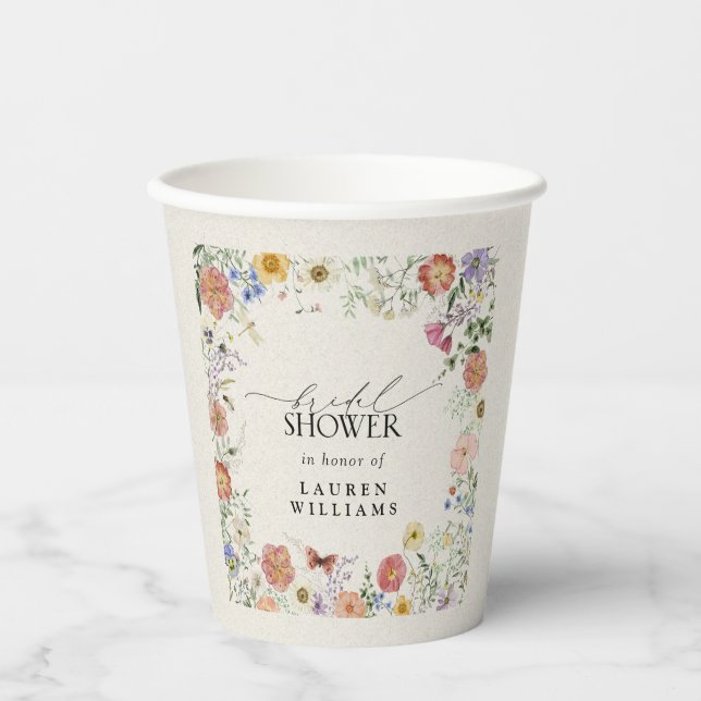 Pressed Wildflower Floral Bridal Shower Paper Cups (Front)