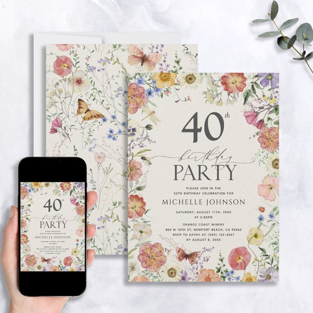 Pressed Wildflower Floral Frame 40th Birthday Invitation (Creator Uploaded)