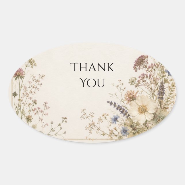 Pressed Wildflower Meadow Wedding Thank You Oval Sticker (Front)
