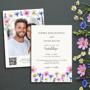 Pressed Wildflower Photo QR Code Wedding Invitation