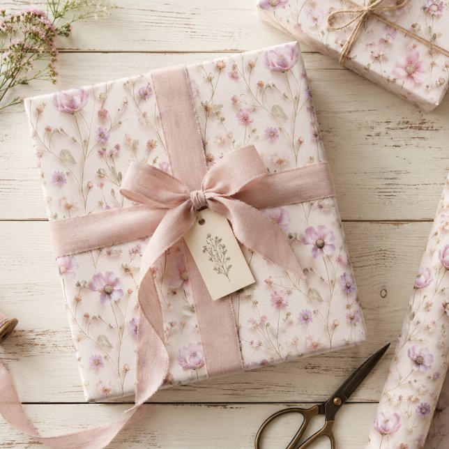 Pressed Wildflowers in Pastel Pink with 3D Effect Wrapping Paper Sheet (Creator Uploaded)