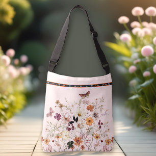 Pressed Wildflowers Pink Cottagecore Monogram Crossbody Bag