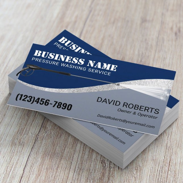 Pressure Washing Power Wash Navy & Silver Cleaning Business Card (Creator Uploaded)