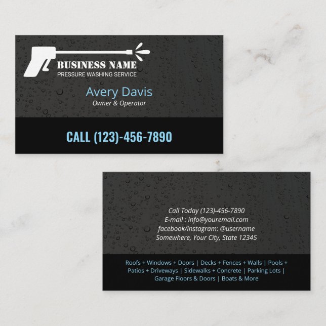 Pressure Washing Power Wash Water Drops Black Business Card (Front/Back)