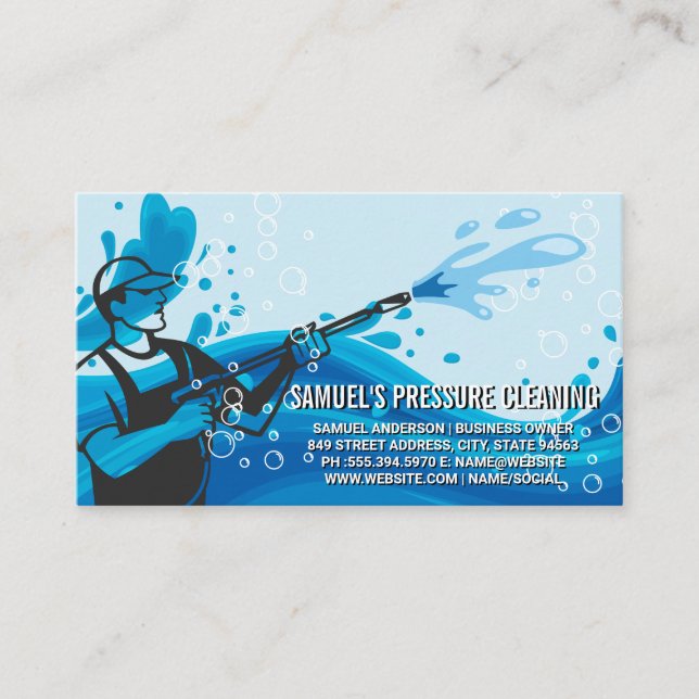 Pressure Water Spray Worker | Soap Bubbles  Business Card (Front)