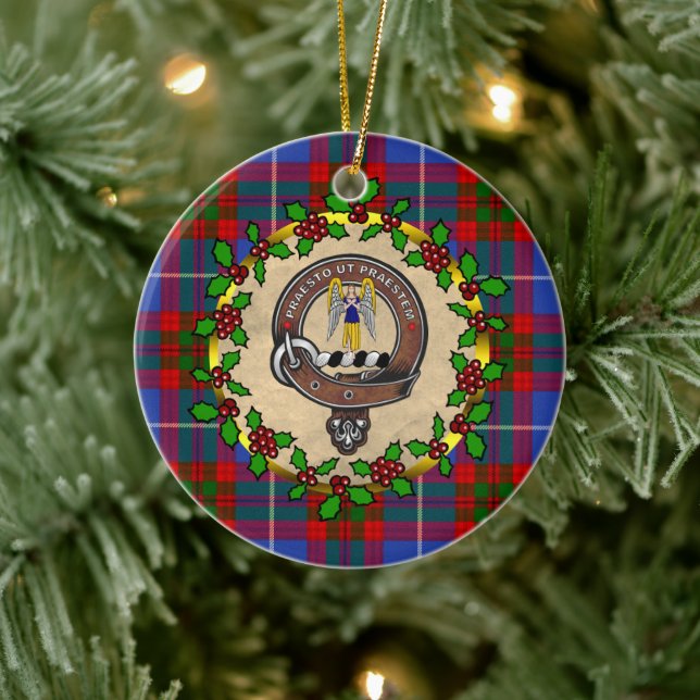 Preston Clan Badge & Tartan Personalized Christmas Ceramic Ornament (Tree)