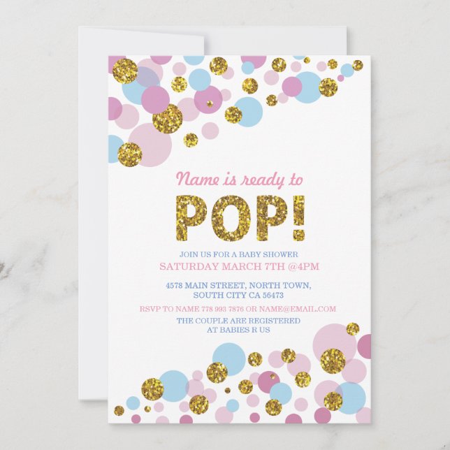 Prêt à pop Genre Reveale Baby shower Or Invitation (Devant)