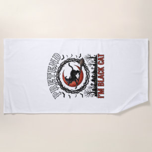 Pretend Black Cat Halloween Witch Hat Red Moon_1 Beach Towel