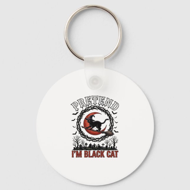 Pretend Black Cat Halloween Witch Hat Red Moon_1 Keychain (Front)