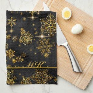 Prettiest Snowflakes Pattern Black/Gold ID846 Kitchen Towel