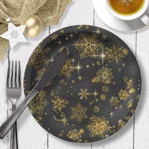 Prettiest Snowflakes Pattern Gold/Black ID846 Paper Plate