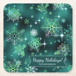 Prettiest Snowflakes Pattern Green ID846 Square Paper Coaster