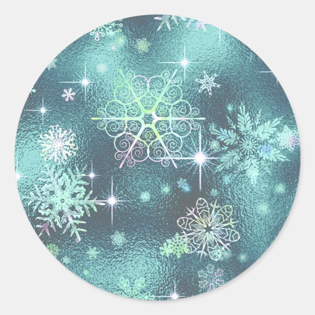 Prettiest Snowflakes Pattern Teal ID846 Classic Round Sticker (Front)