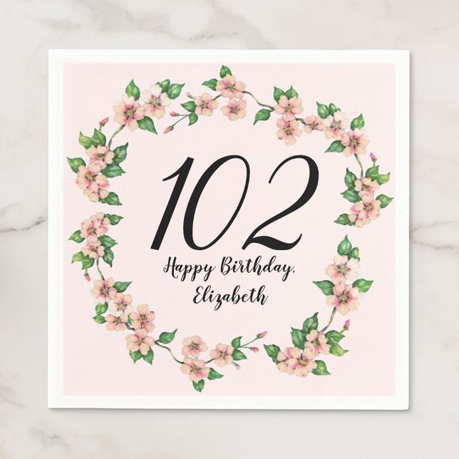 Pretty 102nd birthday blush pink floral napkin (Creator Uploaded)