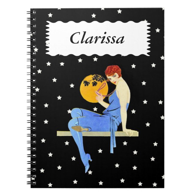 Pretty 1920s Flapper Red Hair Stars Moon Pearls Notebook (Front)