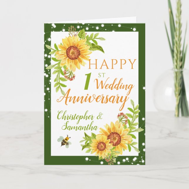Pretty 1st Wedding Anniversary Floral Sunflower  Card (Front)