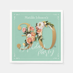 Pretty 30th Birthday Mint Gold Floral Glamorous Napkin