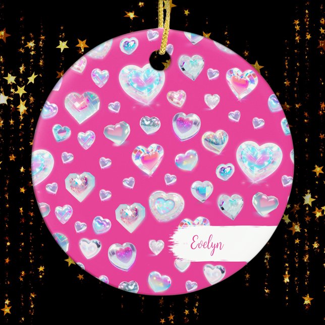 Pretty 3D Crystal Gemstone Hearts Pink Christmas Ceramic Ornament (Add a pretty touch to your Christmas tree with this beautiful personalized ornament!)