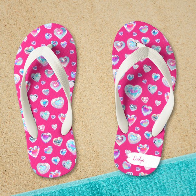 Pretty 3D Sparkly Crystal Gemstone Hearts on Pink Kid's Flip Flops (Creator Uploaded)