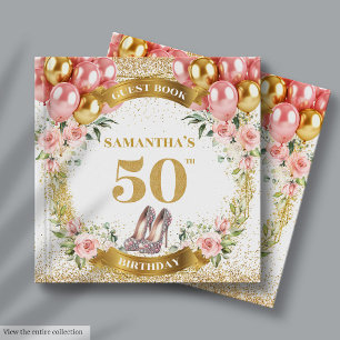 Pretty 50th Birthday Guest Book Gold Glitter Heels