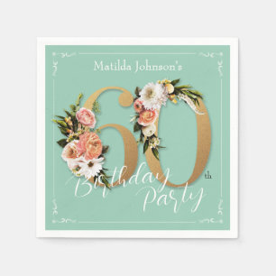 Pretty 60th Birthday Mint Gold Floral Glamorous Napkin