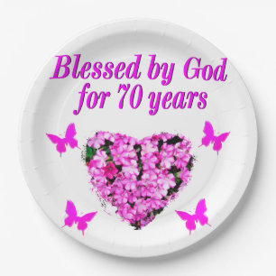 PRETTY 70TH PINK FLORAL BIRTHDAY DESIGN PAPER PLATE
