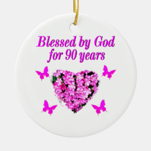 PRETTY 90TH BIRTHDAY FLORAL CERAMIC ORNAMENT