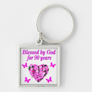 PRETTY 90TH BIRTHDAY FLORAL KEYCHAIN