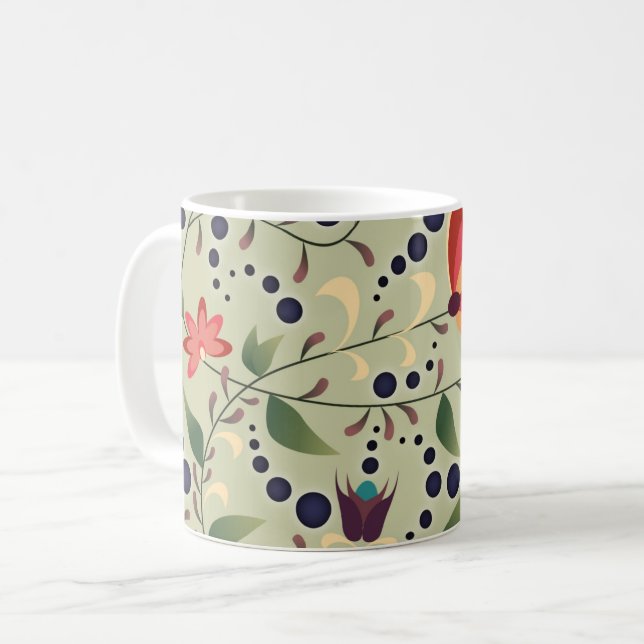 Pretty Abstract Flower Pattern on Sage Green Coffee Mug (Front Left)