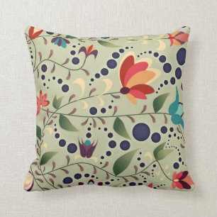 Pretty Abstract Flower Pattern on Sage Green Throw Pillow