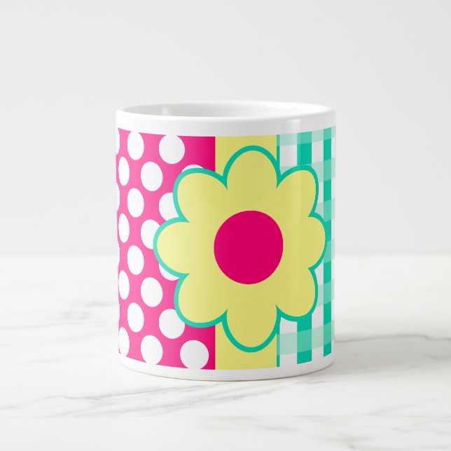 Pretty Abstract Girly Gingham Polka Dots Pattern Large Coffee Mug (Front)