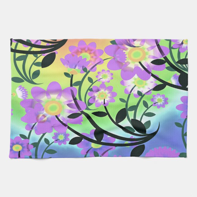Pretty Abstract Multicolored Flowers Purple Kitchen Towel (Horizontal)
