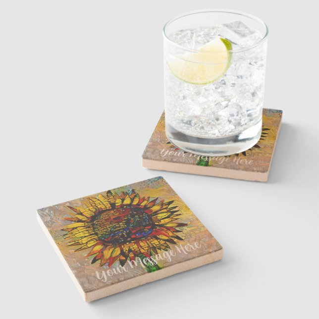 Pretty Abstract Sunflower Painting Stone Coaster (Side)