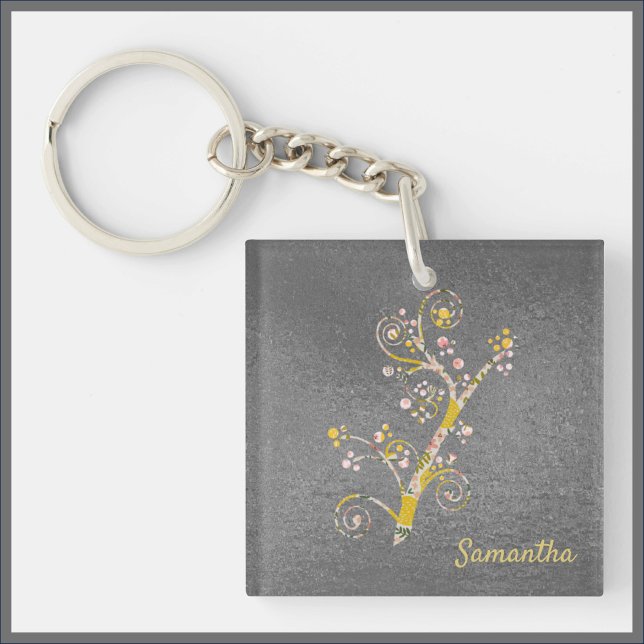 Pretty Abstract Yellow and Grey Cherry Blossom Keychain (Creator Uploaded)
