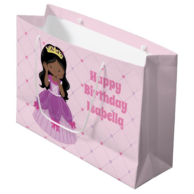 Pretty African American Princess Pink Birthday Large Gift Bag (Front Angled)