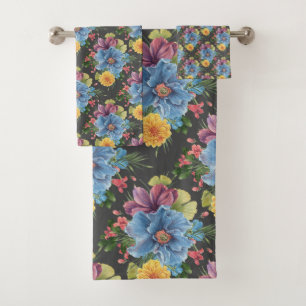 Pretty And  Dark Floral  Bath Towel Set