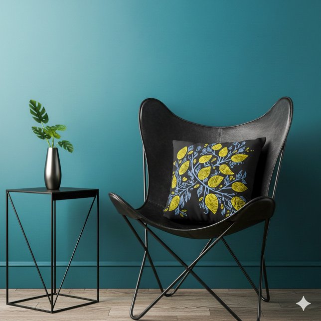 Pretty and delicate blue and yellow lemon vines throw pillow (Black, yellow and blue lemon vines pillow.)