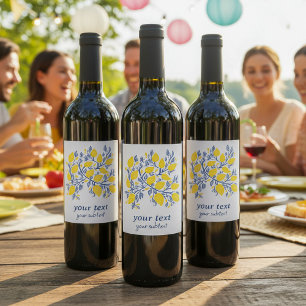 Pretty and delicate blue and yellow lemon vines wine label